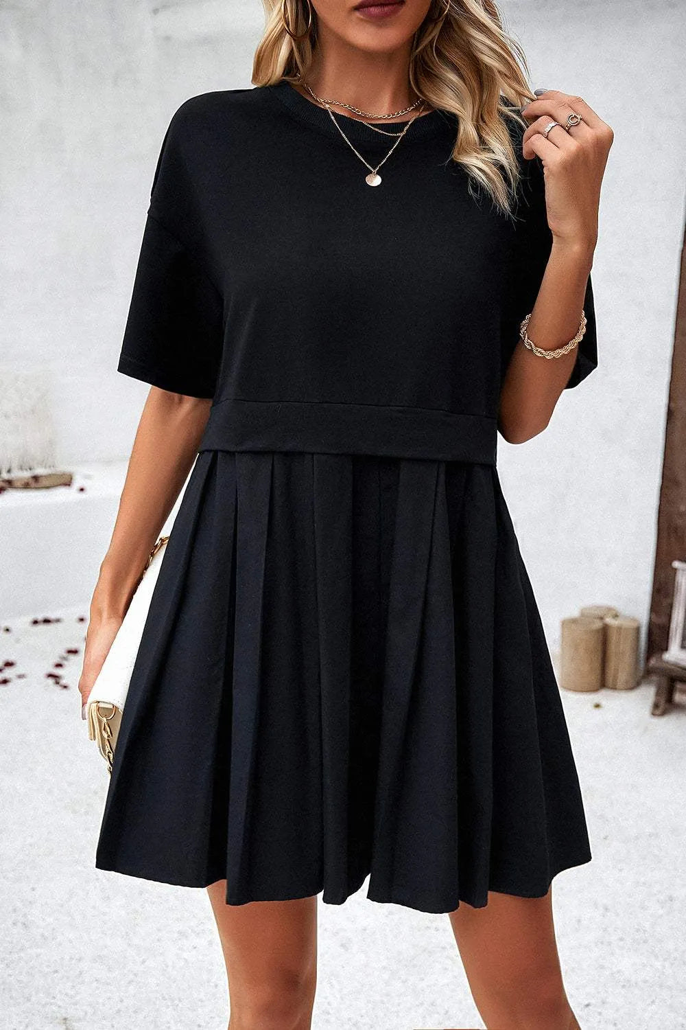 Round Neck Dropped Shoulder Mini Dress Black Casual Dresses - Tophatter Daily Deals