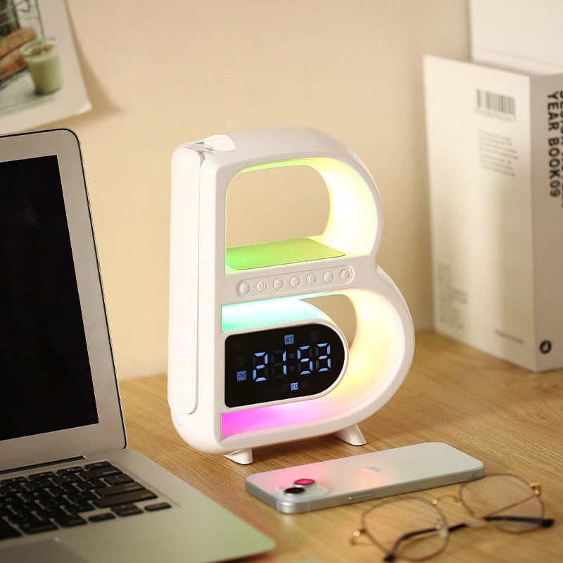 2024 New B-Shaped Blutooth Speaker Multifunctional Smart Music Rhythm Lighting Phone Wireless Charger TF Card AUX Input Standard Mode White Wireless Charger Alarm Clock 0 - Tophatter Daily Deals