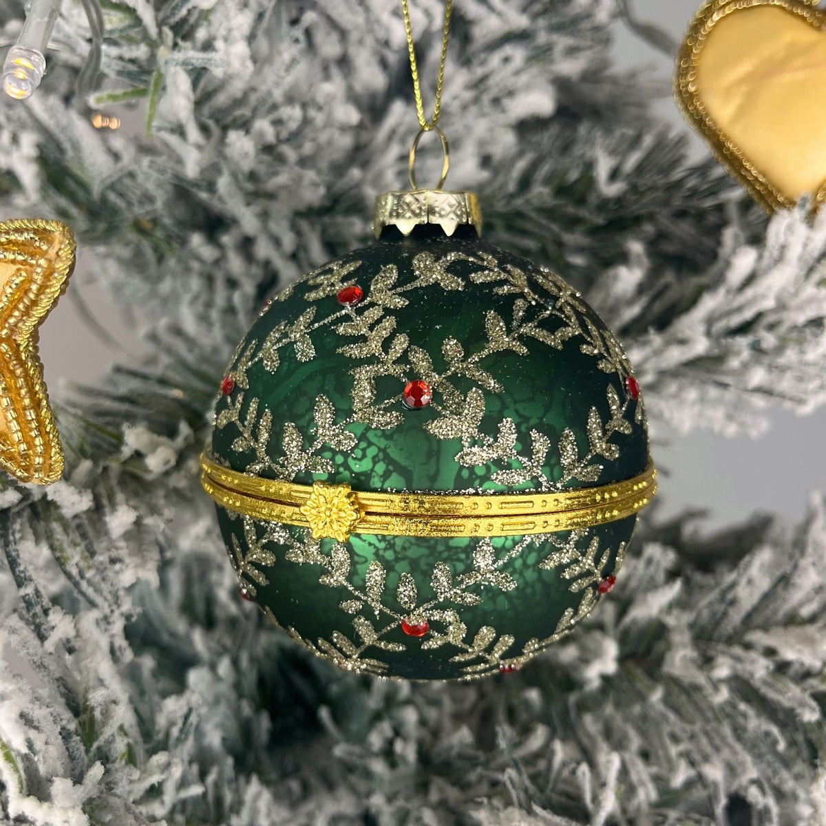 Green & Sparkling Silver Locket Bauble | Christmas Tree Hanging Ornament - 8cm Baubles - Tophatter Daily Deals