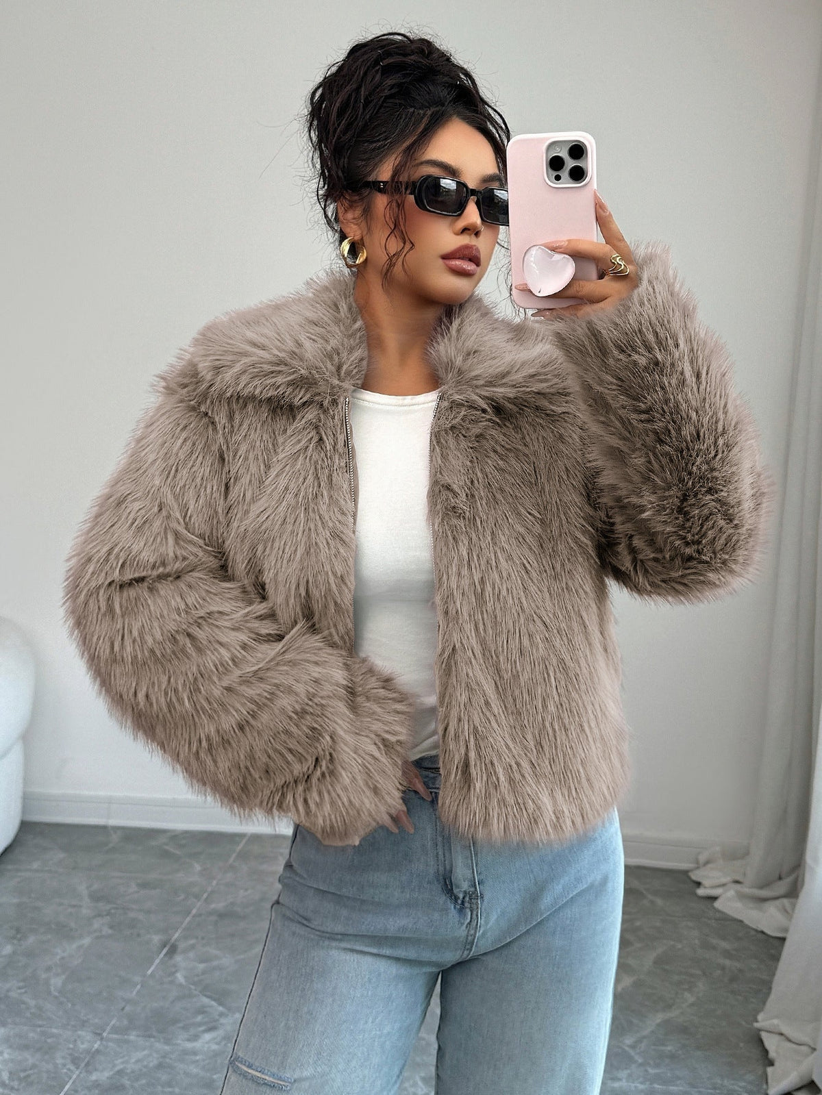 Warm Cozy Women’s Overcoat - Boxy Hip, Faux Fur, Winter Khaki 3D Changing Face Moving Picture Frame - Tophatter Daily Deals