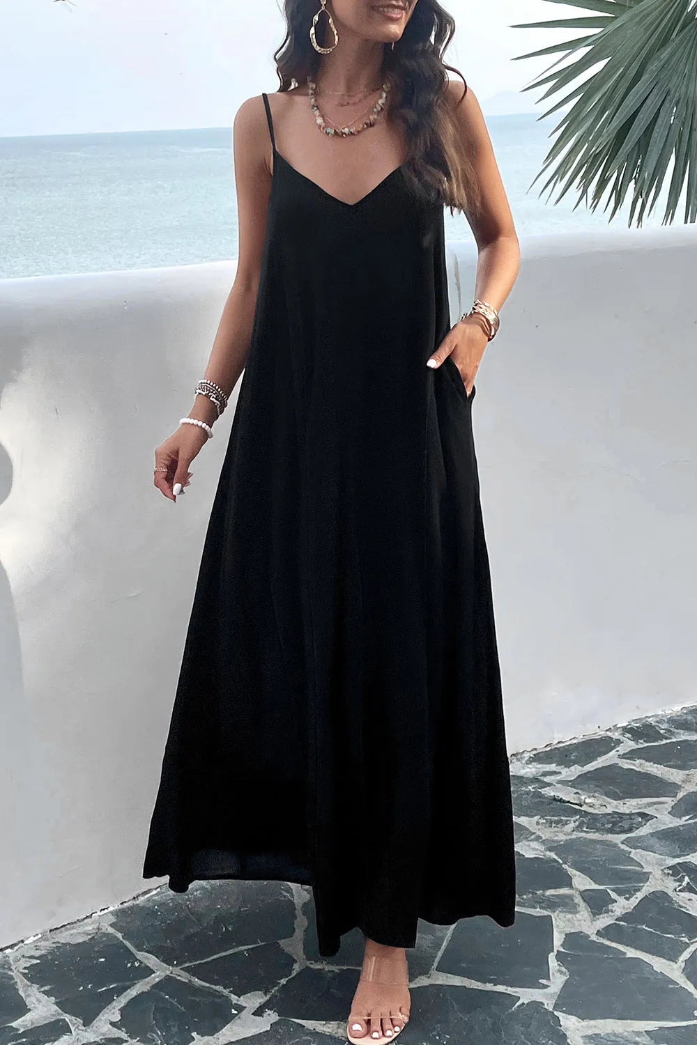 Backless Maxi Cami Dress with Pockets Black Casual Dresses - Tophatter Daily Deals