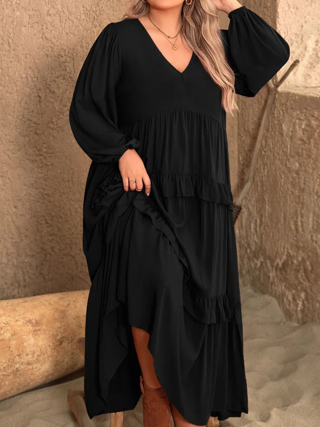 Plus Size Ruffled V-Neck Long Sleeve Dress Casual Dresses - Tophatter Daily Deals