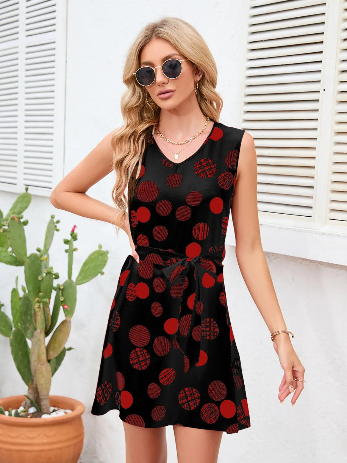 Tied Polka Dot V-Neck Dress Casual Dresses - Tophatter Daily Deals