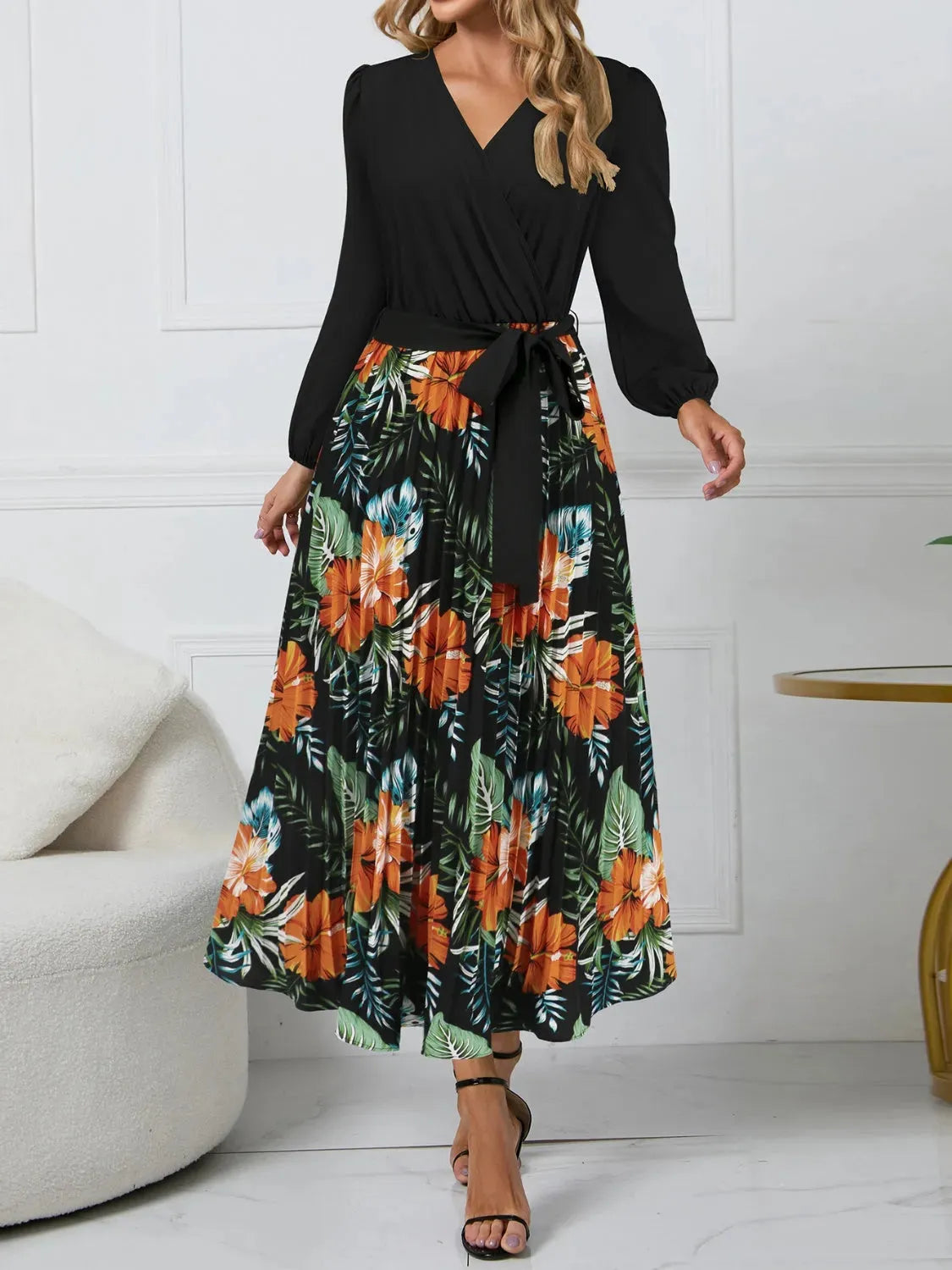 Pleated Printed Surplice Long Sleeve Dress Black Casual Dresses - Tophatter Daily Deals