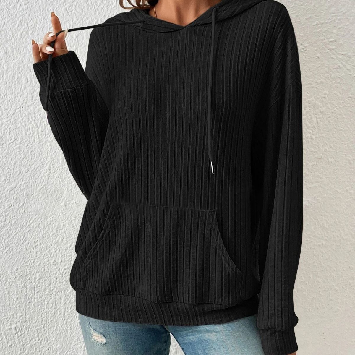 Soft Relaxed Women's Hooded Pullover - Ribbed Knit, Casual Black 3D Changing Face Moving Picture Frame - Tophatter Daily Deals