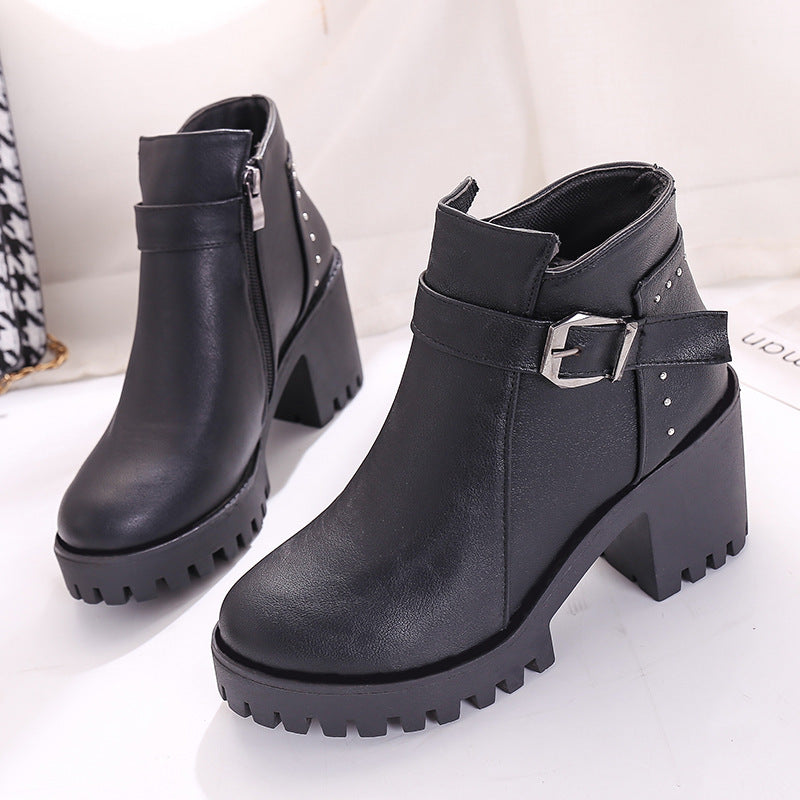 Belt Buckle Non-slip Short Tube Women's Boots Waterproof Platform Black 0 - Tophatter Daily Deals
