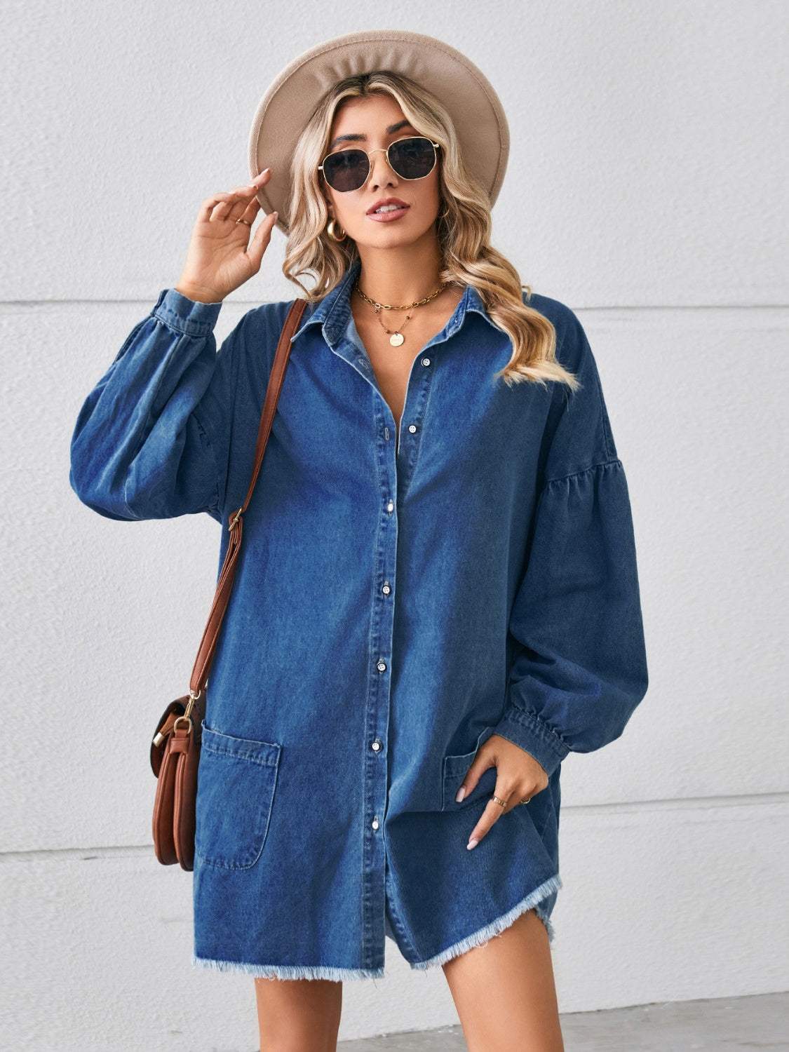 Button Up Pocketed Raw Hem Denim Dress Navy Casual Dresses - Tophatter Daily Deals