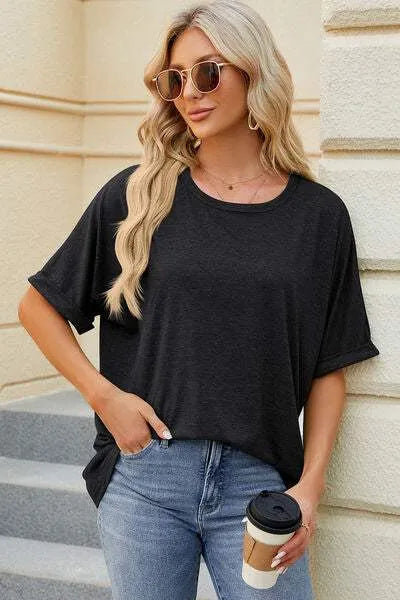 Round Neck Half Sleeve T-Shirt Black Women's T-Shirts - Tophatter Daily Deals