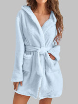Tie Waist Hooded Robe Misty Blue Sleep Dresses - Tophatter Daily Deals