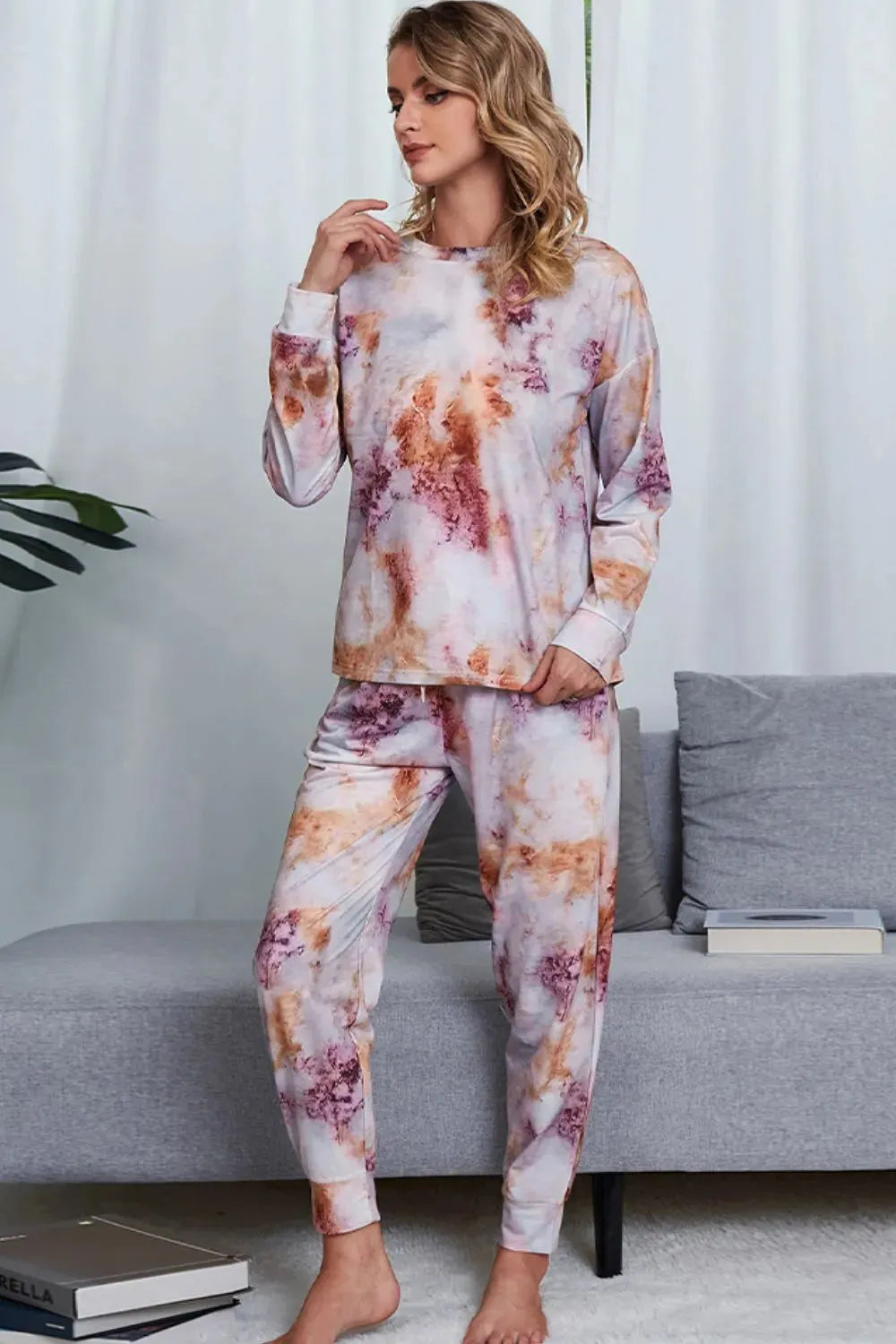 Tie-Dye Crewneck Top and Drawstring Waist Joggers Lounge Set Loungewear Sets - Tophatter Daily Deals