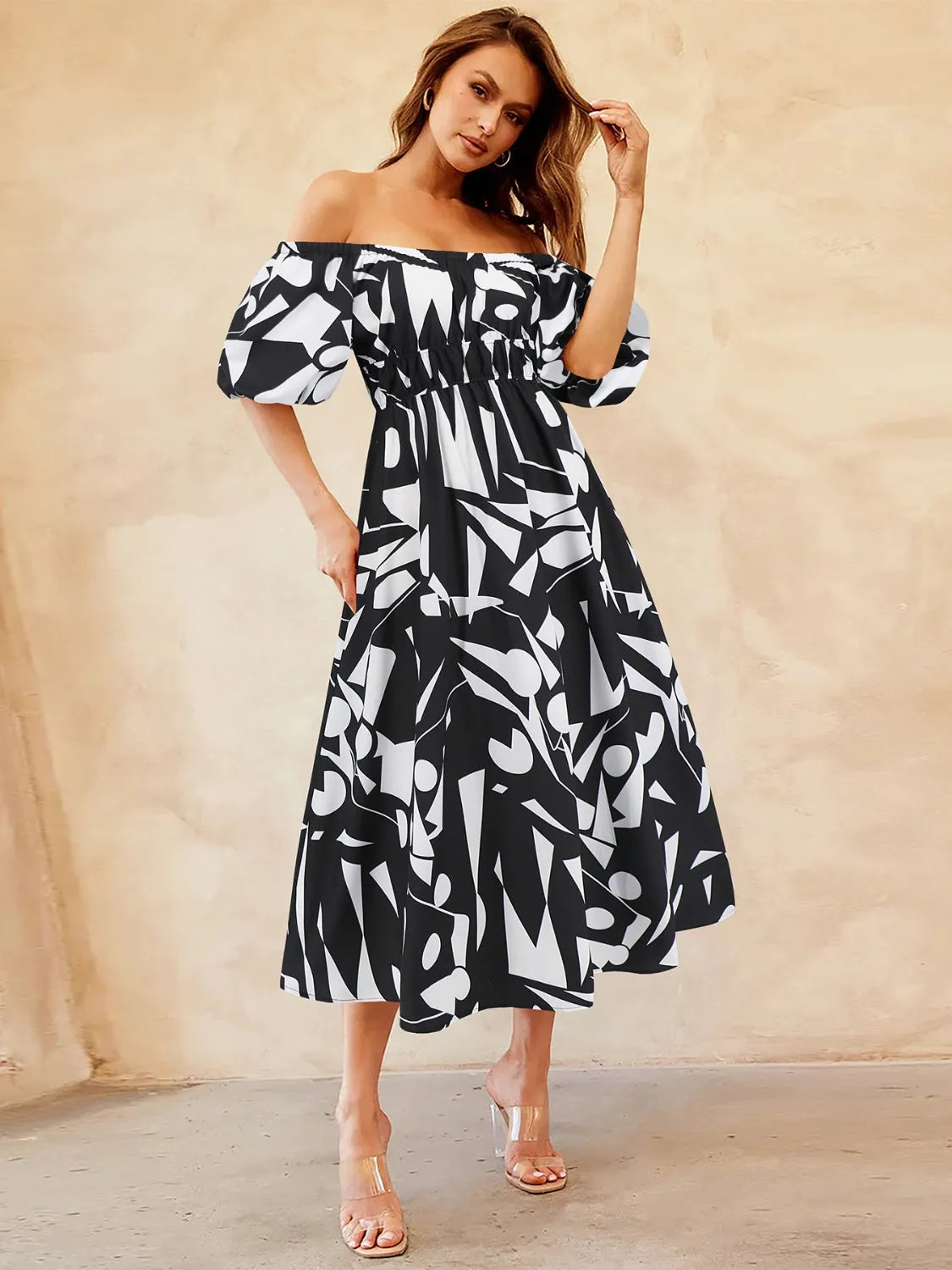 Printed Off-Shoulder Balloon Sleeve Dress Casual Dresses - Tophatter Daily Deals