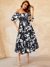 Printed Off-Shoulder Balloon Sleeve Dress Black Casual Dresses - Tophatter Daily Deals