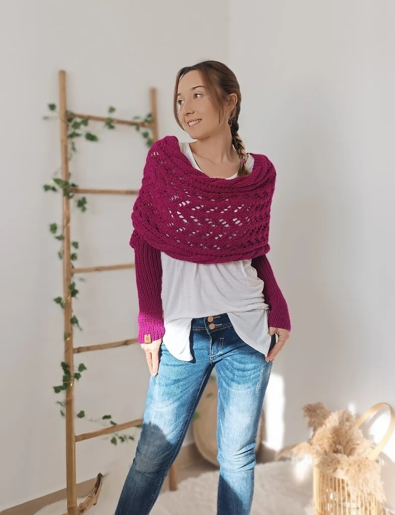 Soft Women’s Scarf - Openwork Rectangular, Knit, For Winter Rose red - Tophatter Daily Deals