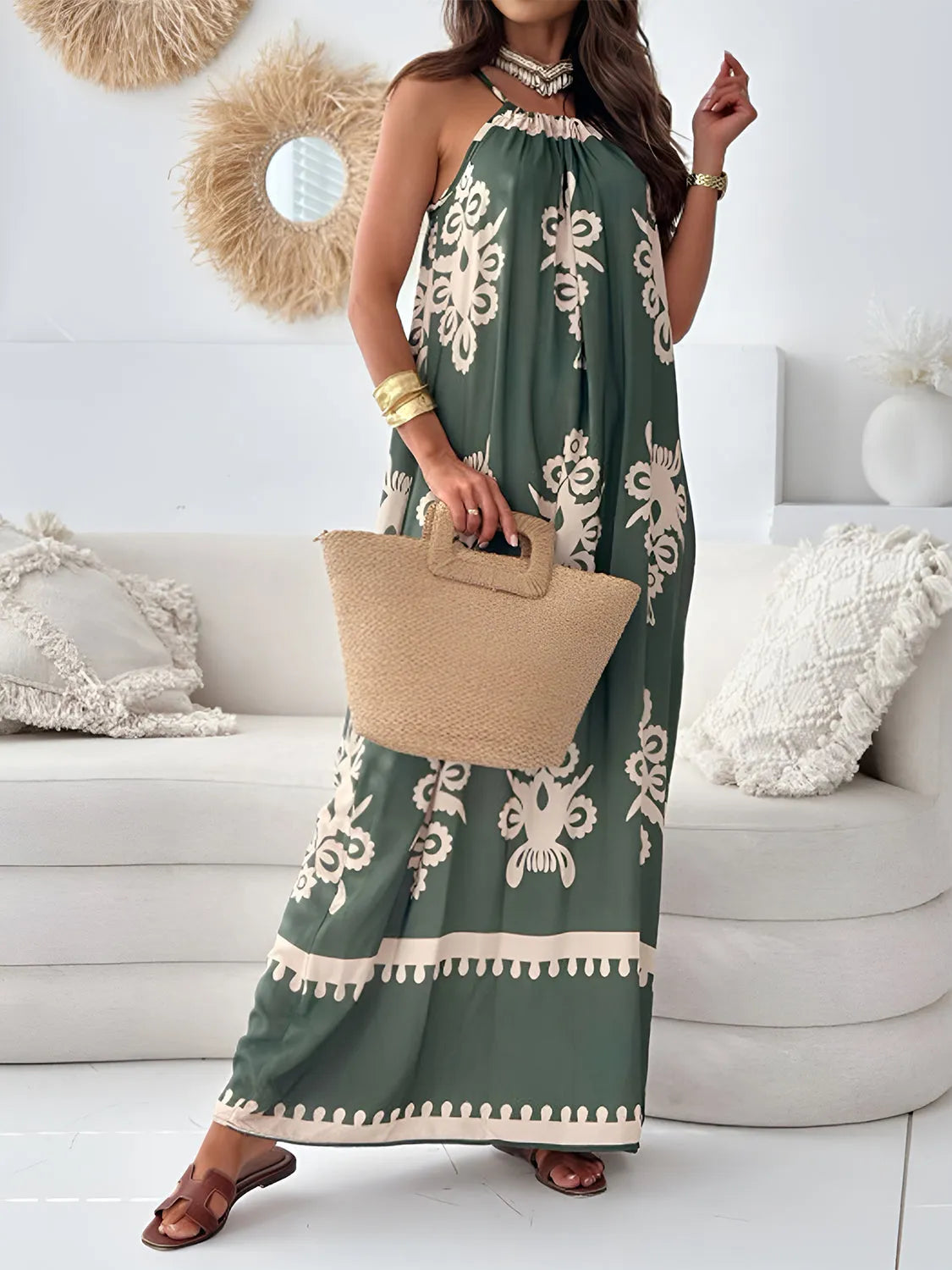 Printed Spaghetti Strap Sleeveless Maxi Dress Dark Green Casual Dresses - Tophatter Daily Deals