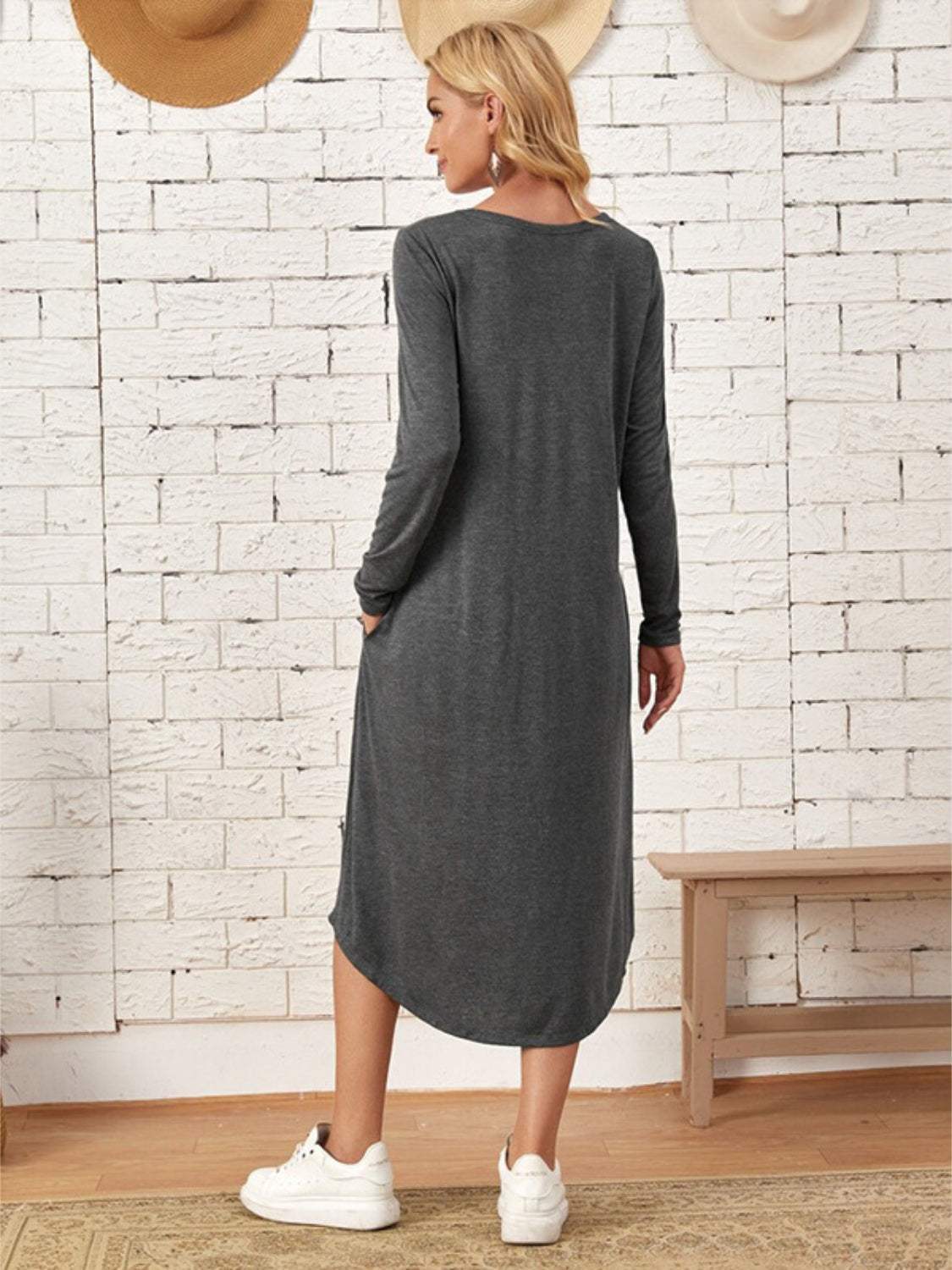 Pocketed Round Neck Long Sleeve Tee Dress Casual Dresses - Tophatter Daily Deals