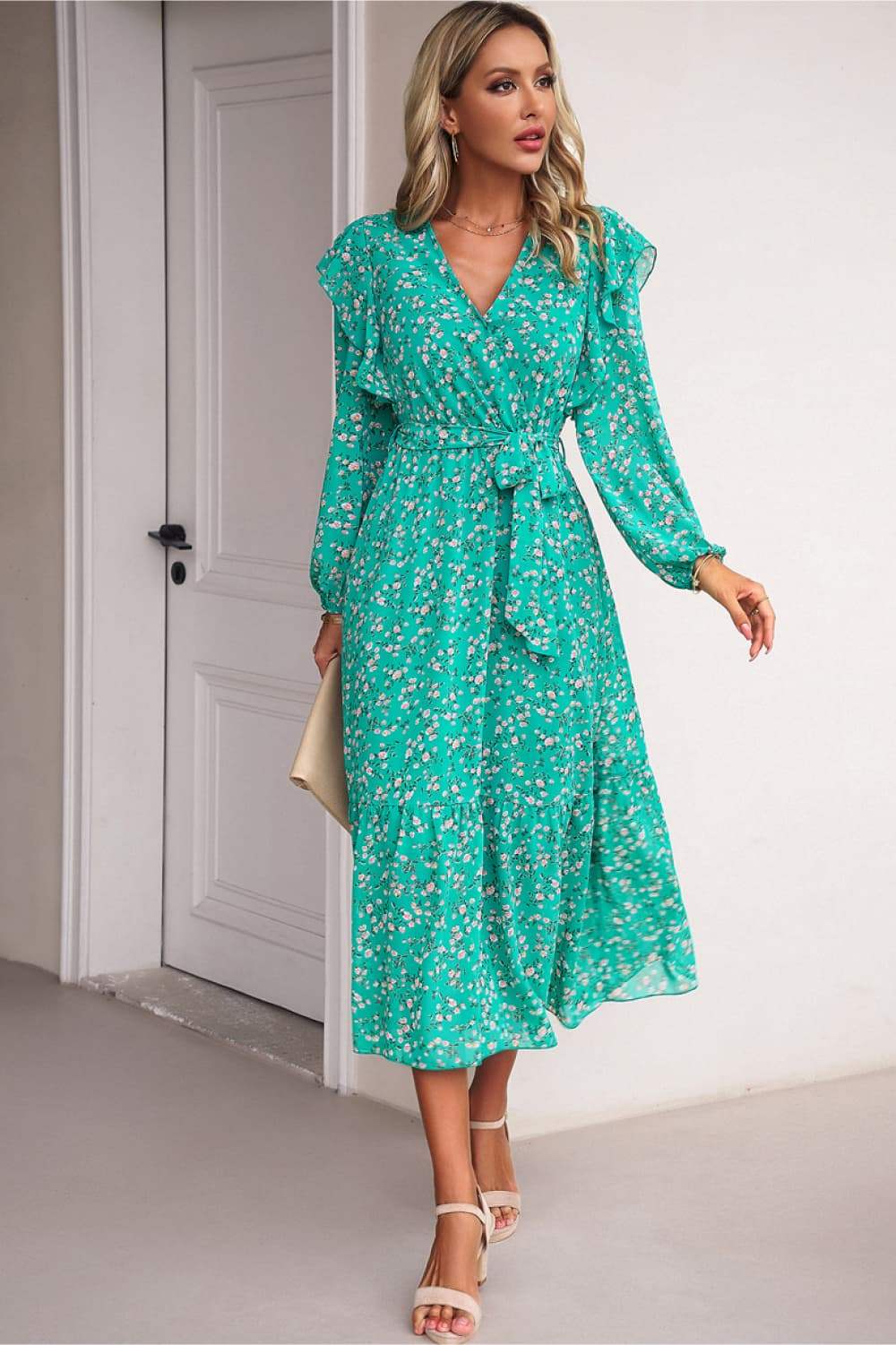 Surplice Neck Balloon Sleeve Midi Dress Teal Casual Dresses - Tophatter Daily Deals