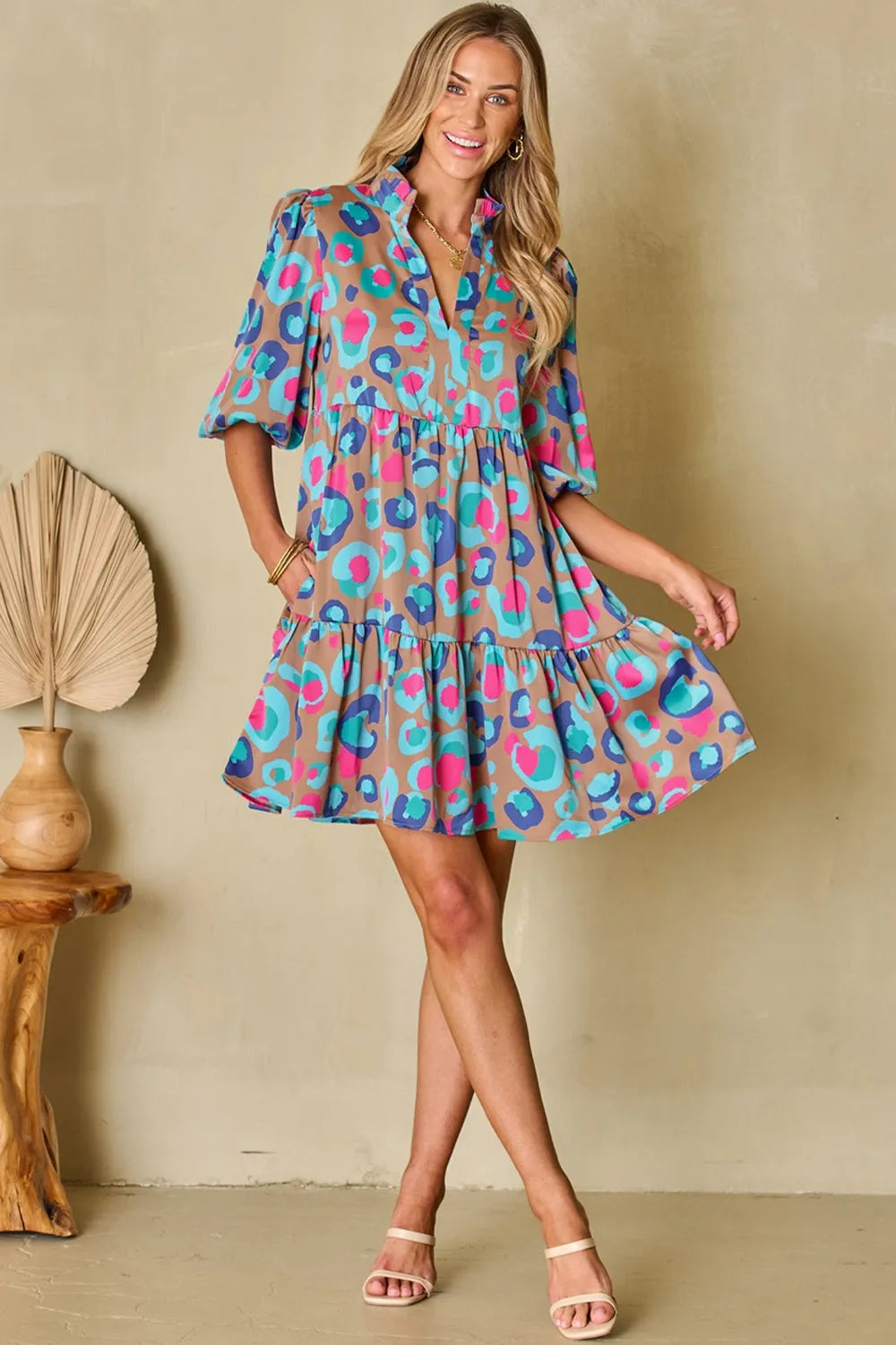 Notched Balloon Sleeve Mini Dress Casual Dresses - Tophatter Daily Deals