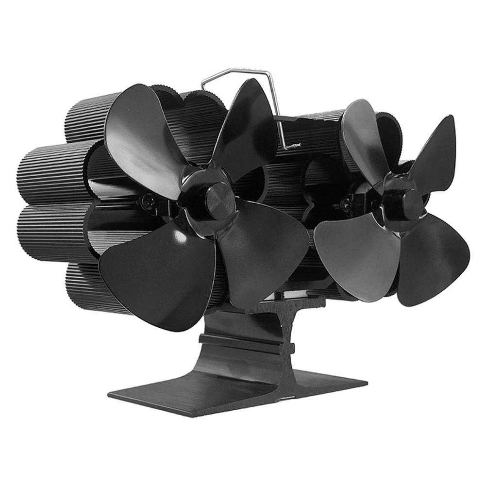 8 Leaf Double Head Fireplace Heat Power Fan Black 0 - Tophatter Daily Deals