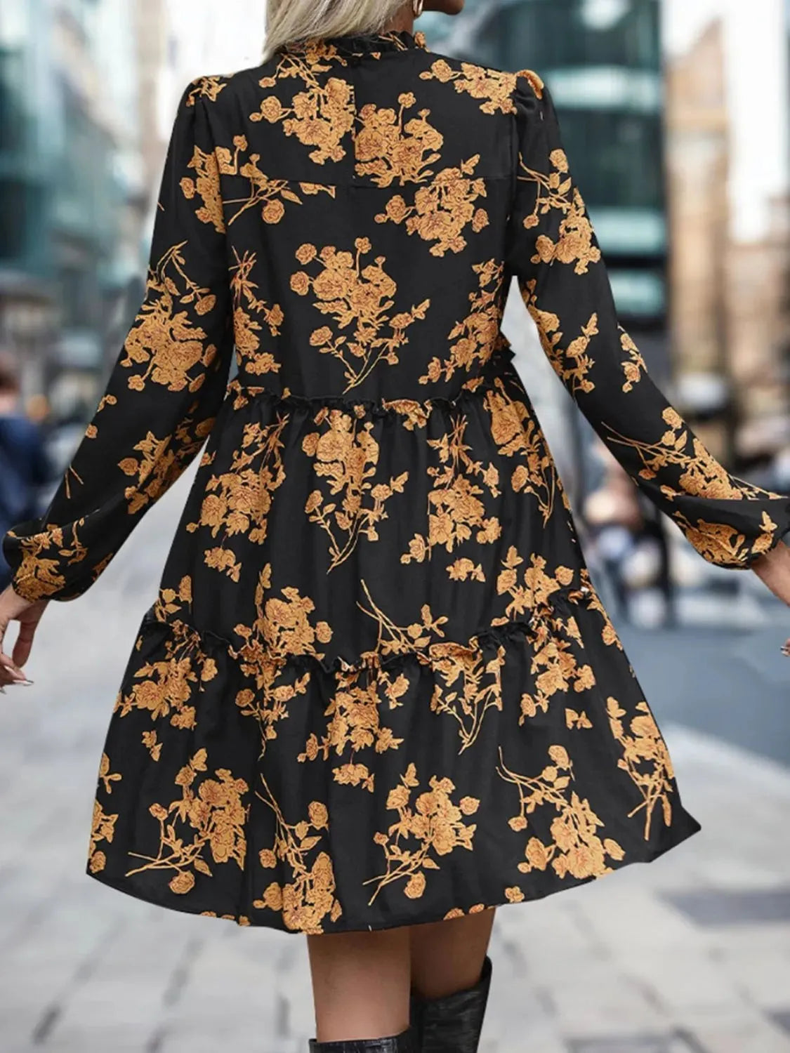Frill Printed Long Sleeve Mini Dress Casual Dresses - Tophatter Daily Deals