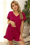 V-Neck Short Sleeve Top and Drawstring Shorts Lounge Set Wine Loungewear Sets - Tophatter Daily Deals