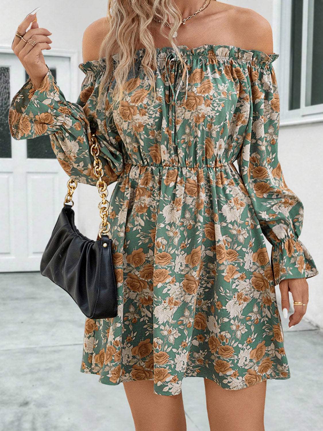 Floral Off-Shoulder Flounce Sleeve Dress Casual Dresses - Tophatter Daily Deals