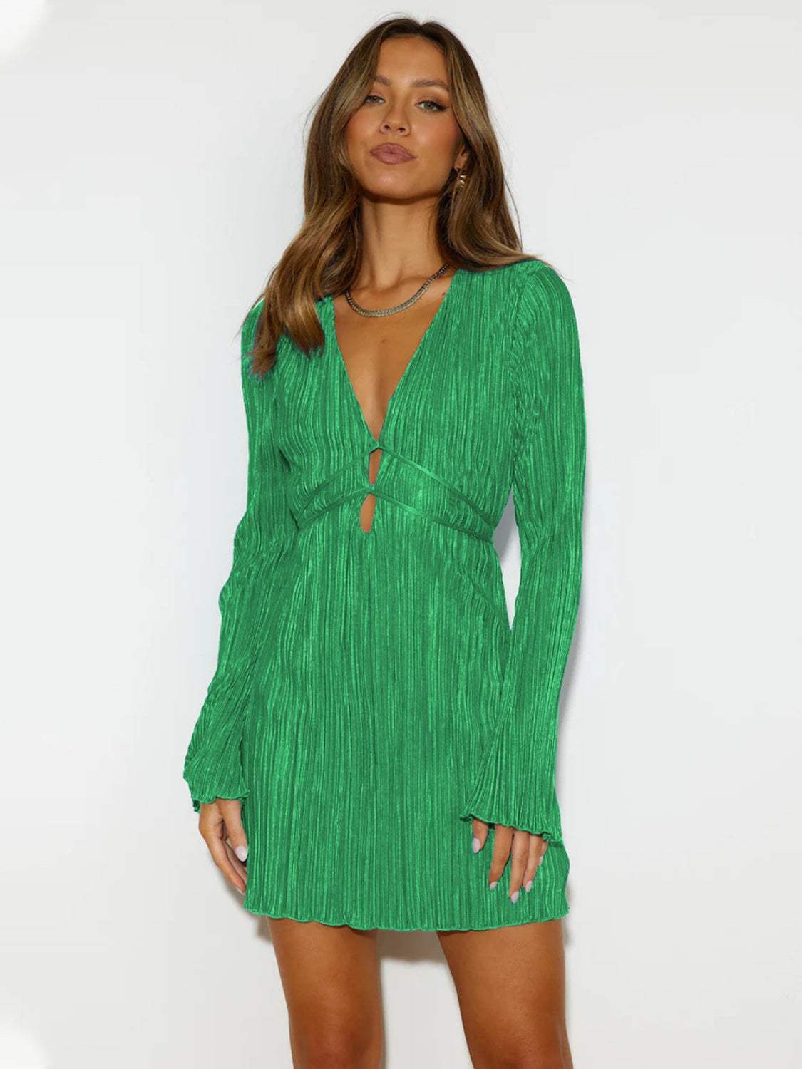 Tied Plunge Flare Sleeve Mini Dress Cocktail Dresses - Tophatter Daily Deals