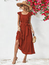 Tie Belt Ruffled Tiered Dress Brick Red Casual Dresses - Tophatter Daily Deals