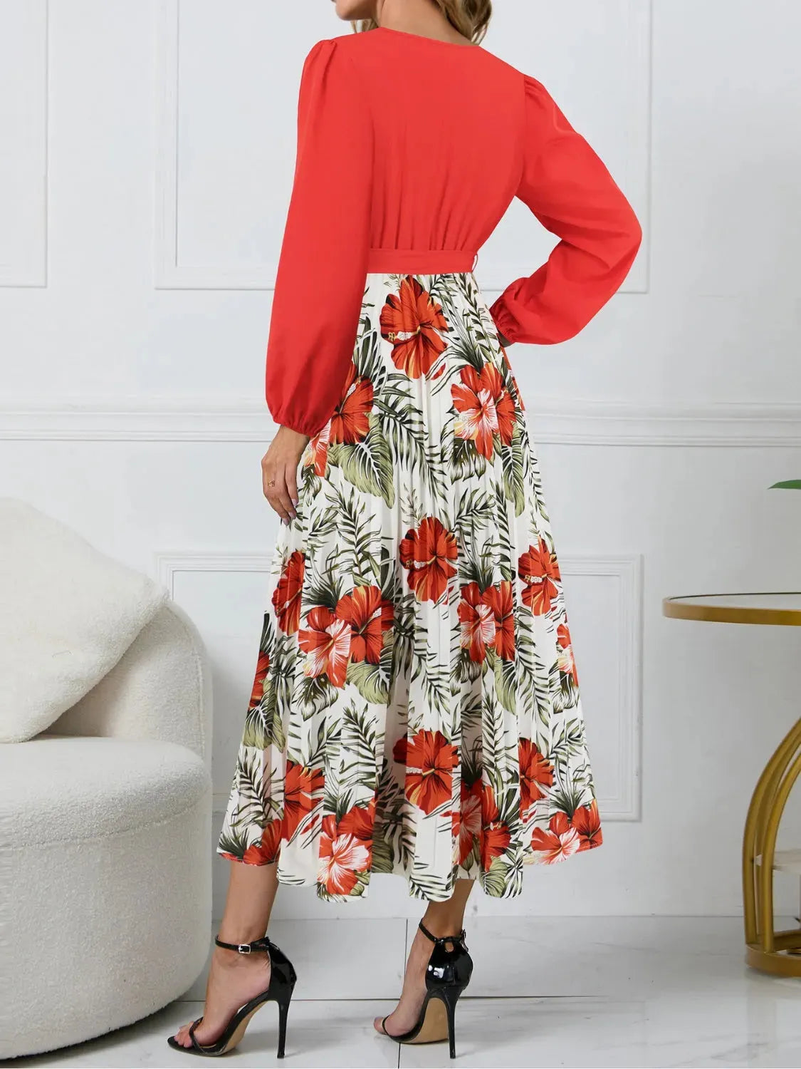 Pleated Printed Surplice Long Sleeve Dress Casual Dresses - Tophatter Daily Deals