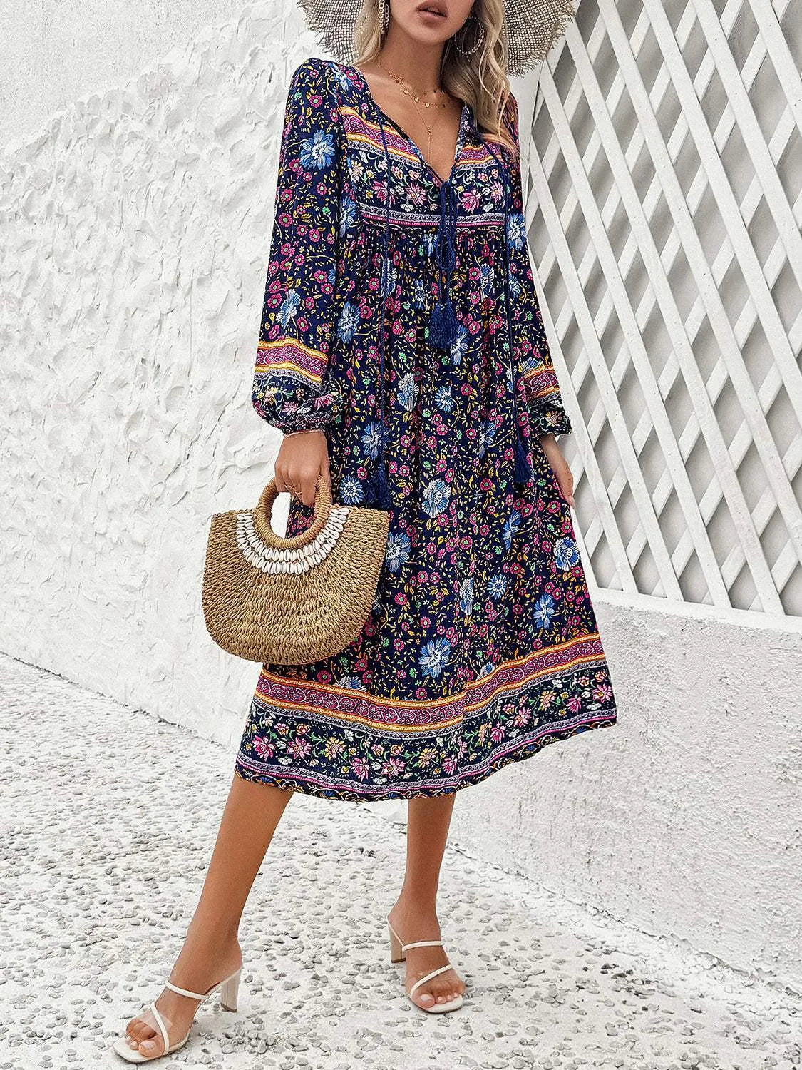 Tassel Tied Printed Long Sleeve Dress Casual Dresses - Tophatter Daily Deals