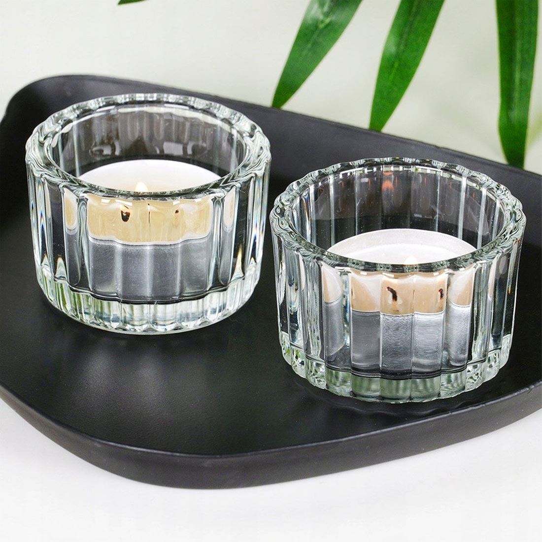 Set of 2 Ribbed Tea Light Candle Holders | Clear Glass Tealight Candle Holders Candle Holder - Tophatter Daily Deals