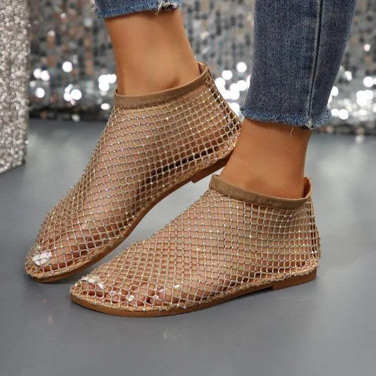 New Hollow Flat Sandals With Rhinestone Design Summer Fashion Round Toe Shoes For Women Beige Humidifier - Tophatter Daily Deals