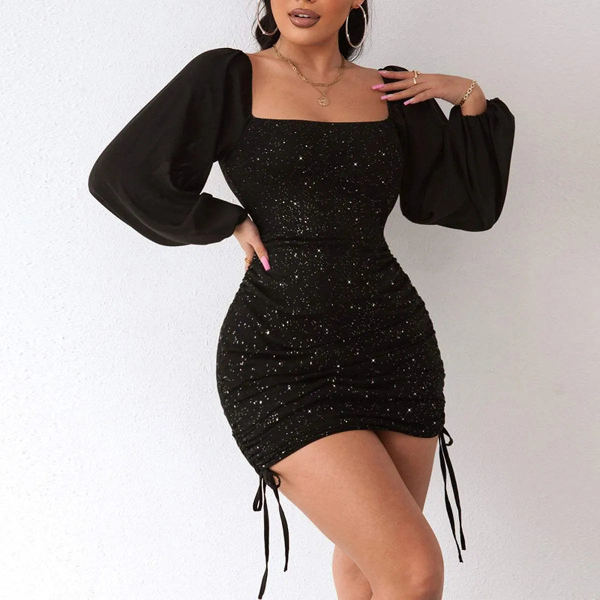 Square Neck Drawstring Ruched Dress Black Cocktail Dresses - Tophatter Daily Deals