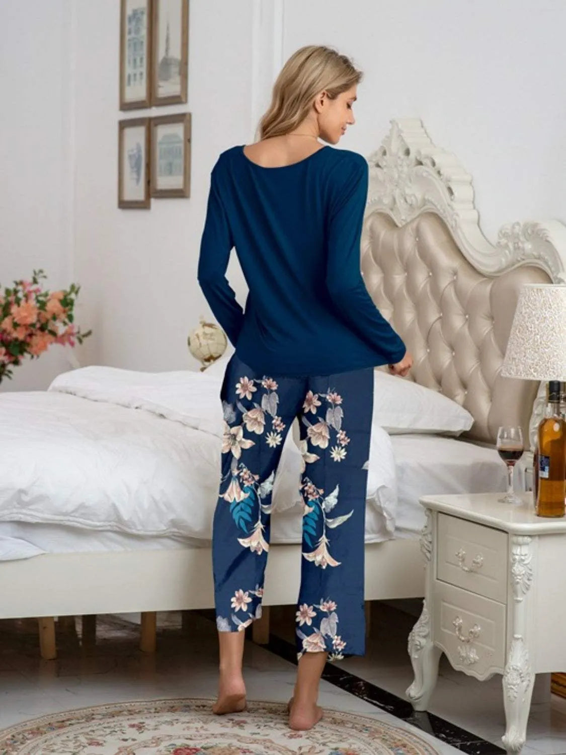 Round Neck Top and Printed Pants Lounge Set Loungewear Sets - Tophatter Daily Deals