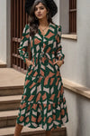 Printed Tied Pocketed Lantern Sleeve Dress Green Casual Dresses - Tophatter Daily Deals