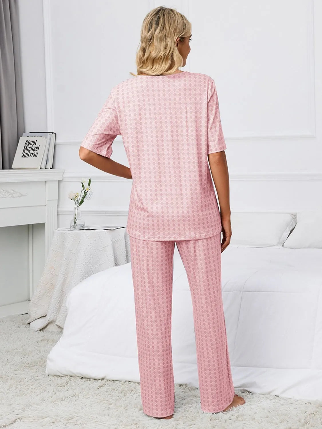 Printed V-Neck Top and Pants Lounge Set Loungewear Sets - Tophatter Daily Deals