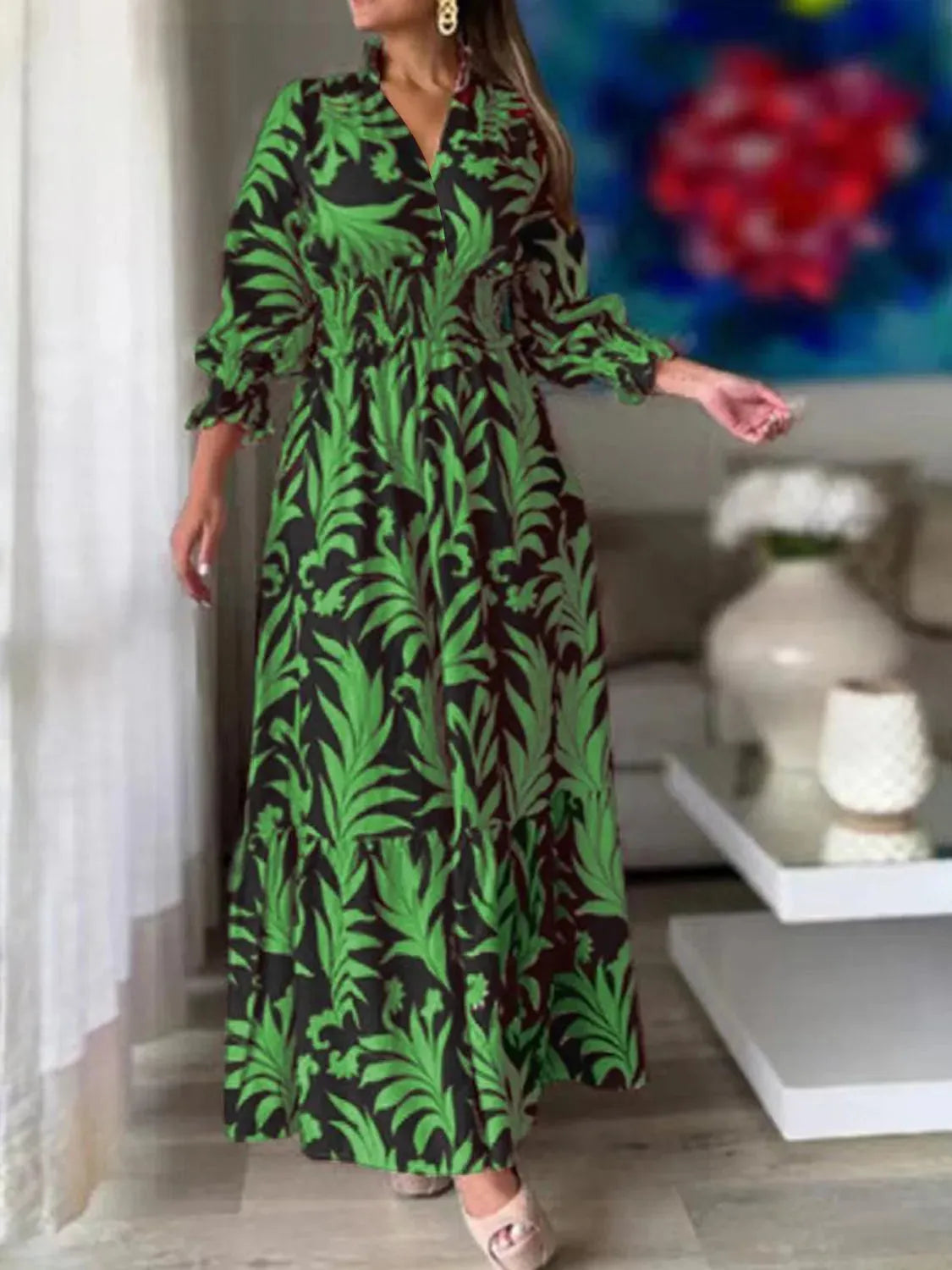 Printed Flounce Sleeve Maxi Dress Mid Green Casual Dresses - Tophatter Daily Deals