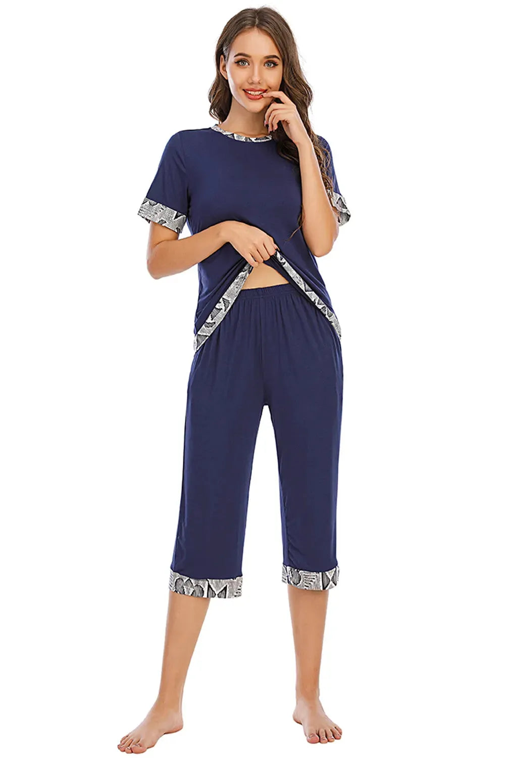 Round Neck Short Sleeve Top and Capris Pants Lounge Set Loungewear Sets - Tophatter Daily Deals