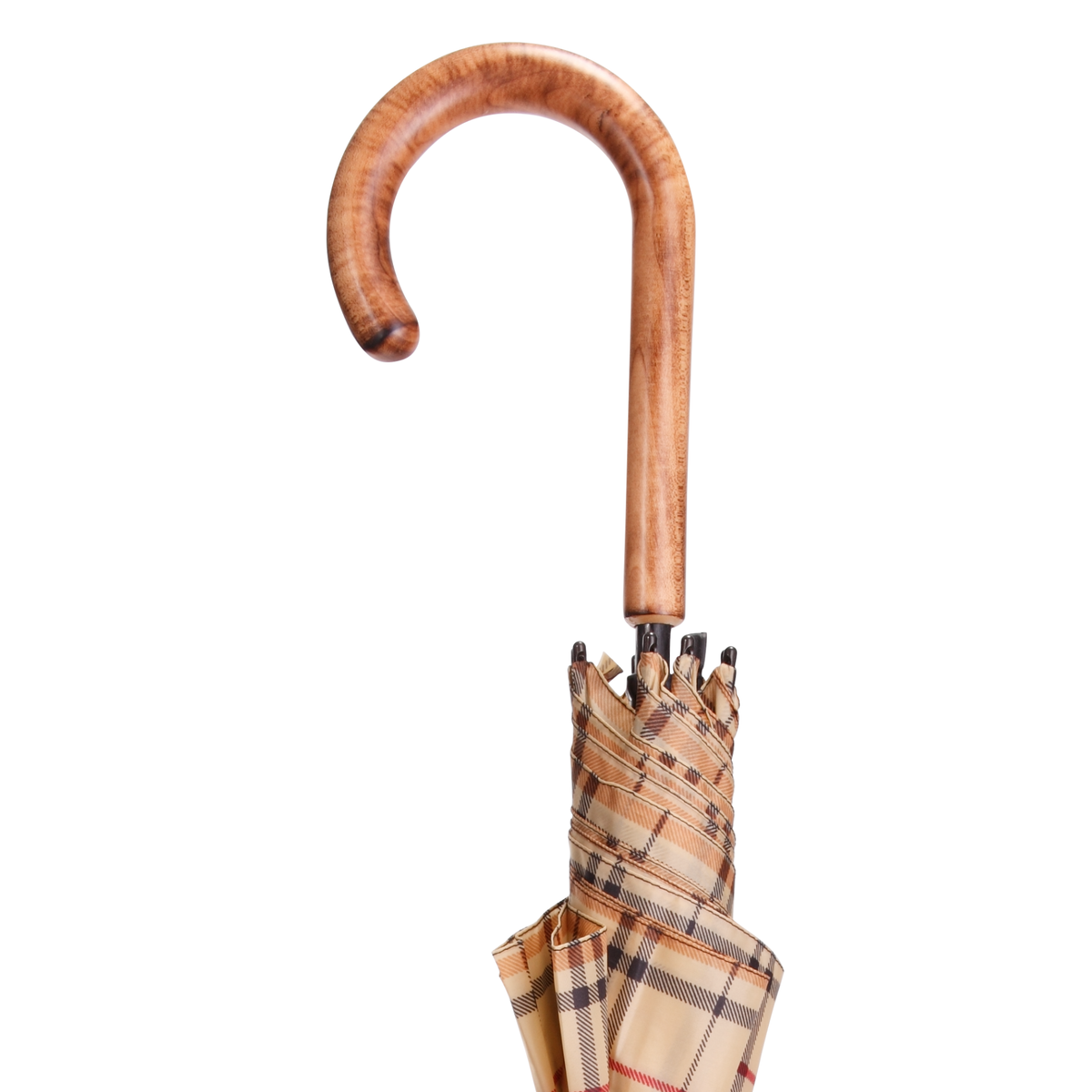 Elegant Tan Tartan Plaid Umbrella with Maple Handle & Auto-Open - Tophatter Daily Deals