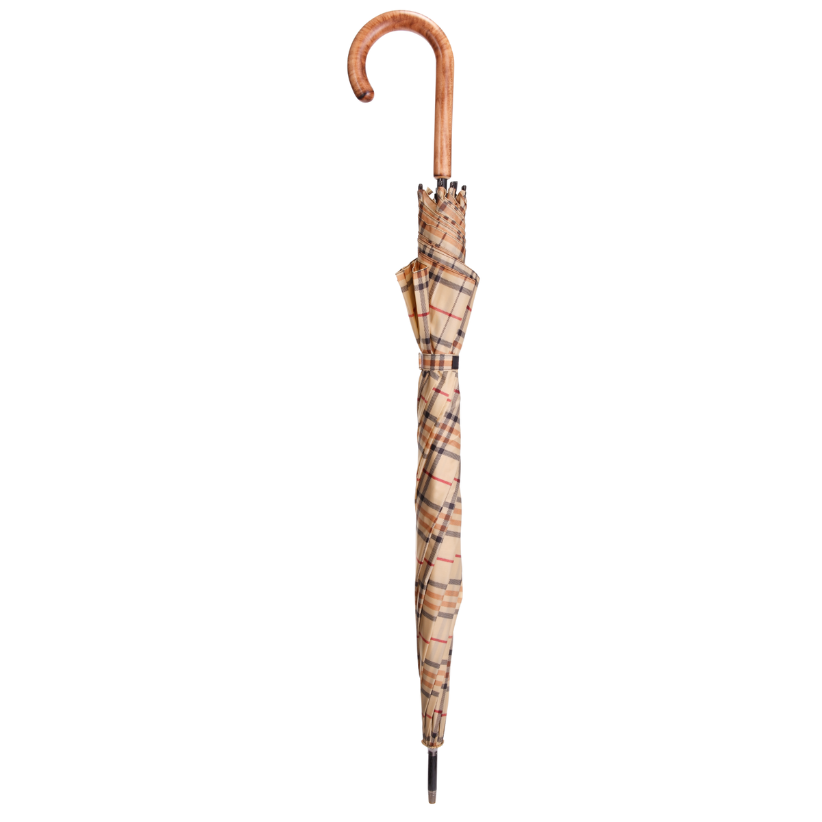 Elegant Tan Tartan Plaid Umbrella with Maple Handle & Auto-Open - Tophatter Daily Deals