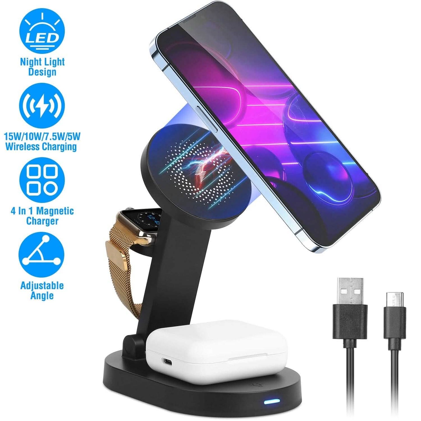 4-in-1 15W Foldable Magnetic Wireless Charging Station Mobile Accessories - Tophatter Daily Deals
