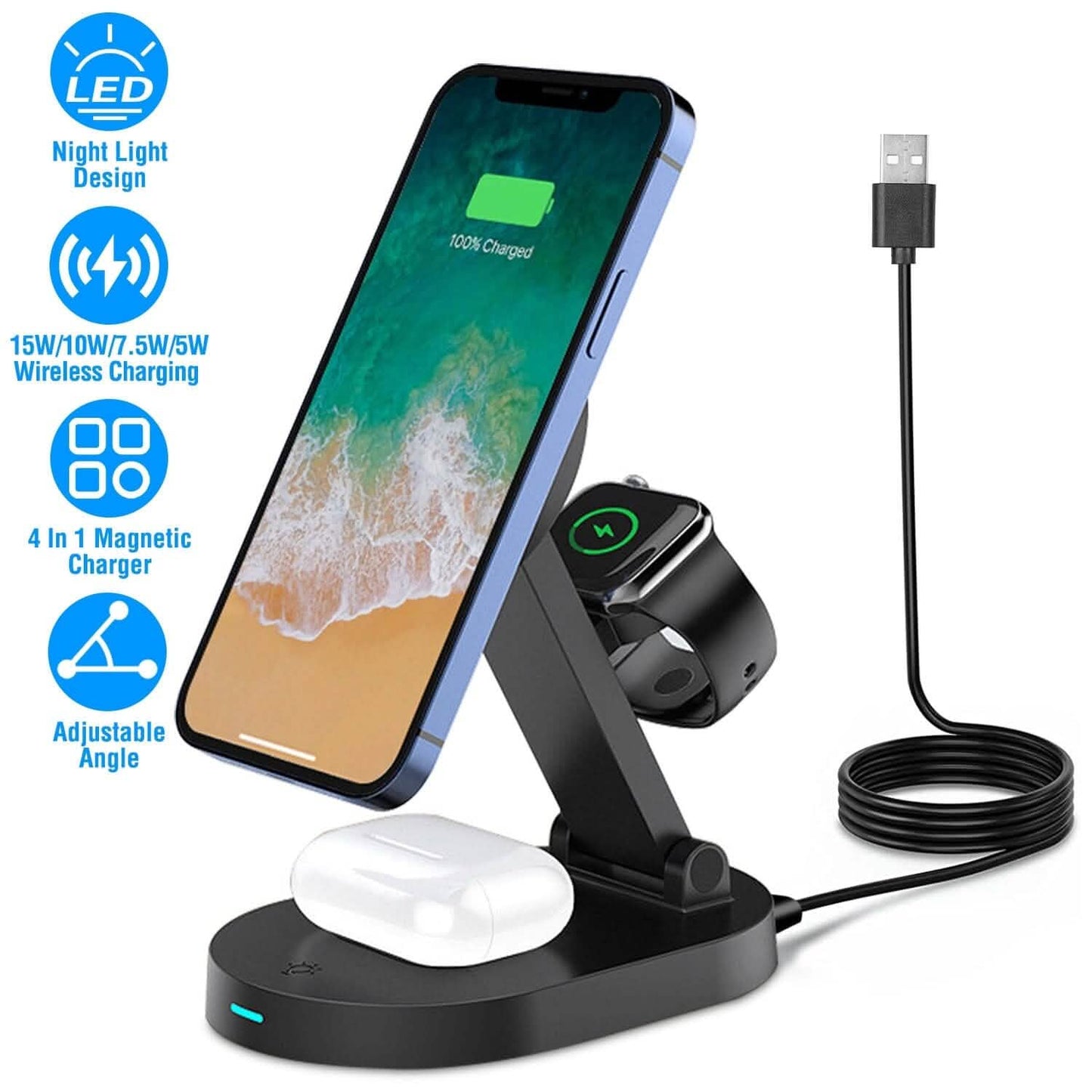 4-in-1 15W Foldable Magnetic Wireless Charging Station Mobile Accessories - Tophatter Daily Deals