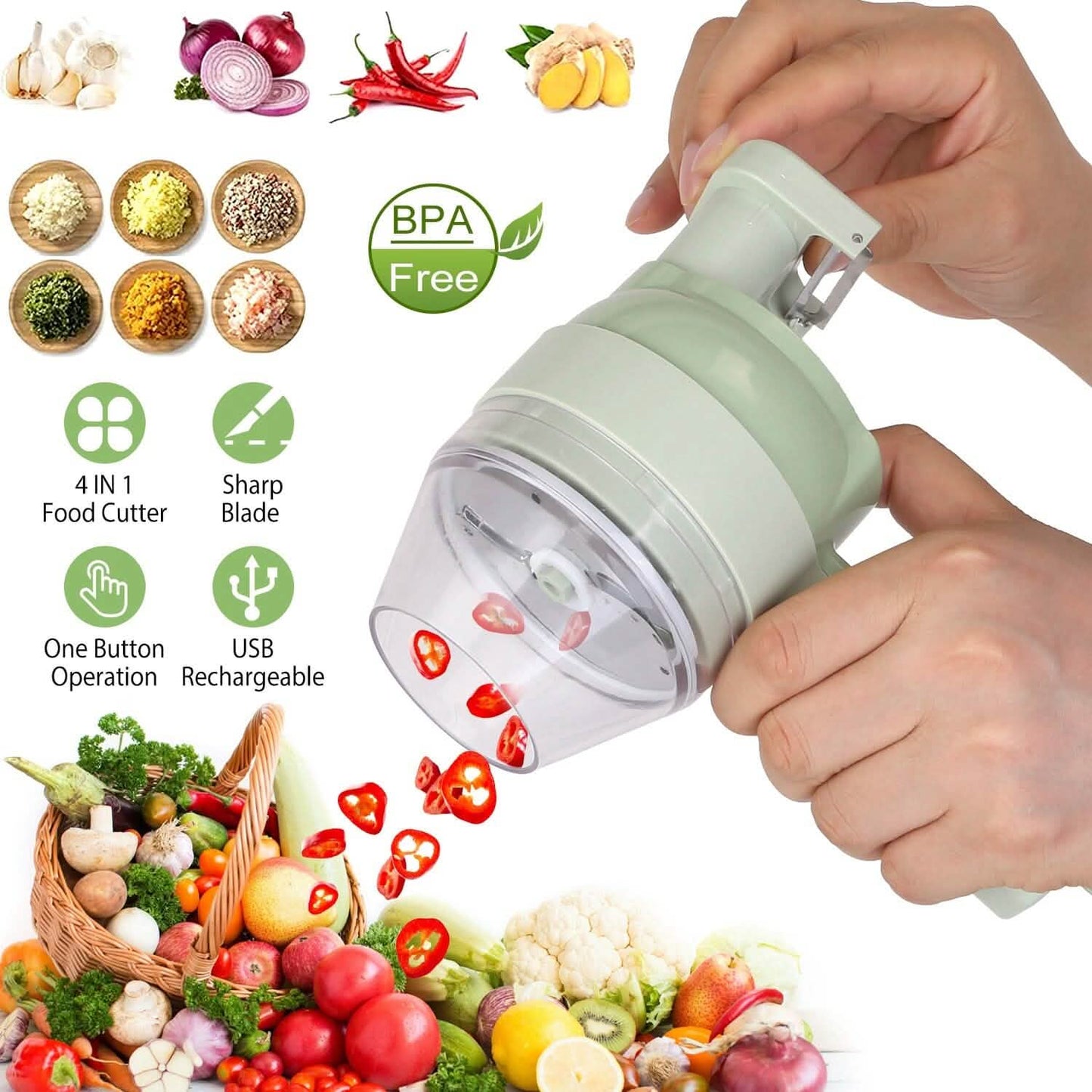 4-in-1 Handheld Electric Vegetable Chopper, Grinder, Slicer and Dicer Kitchen Tools & Gadgets - Tophatter Daily Deals