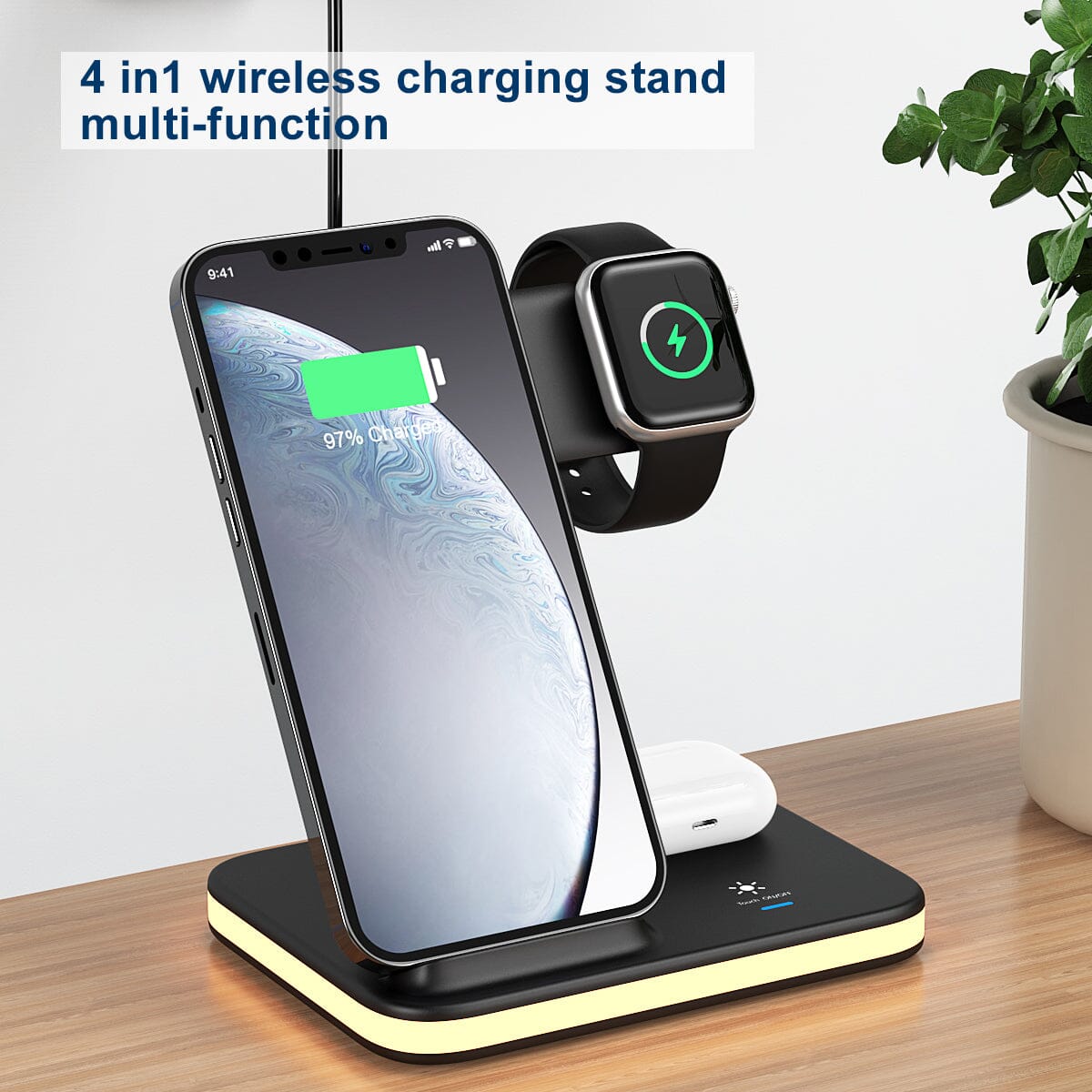 4-in-1 Wireless Charging Stand with Night Light Charging Station - Tophatter Daily Deals