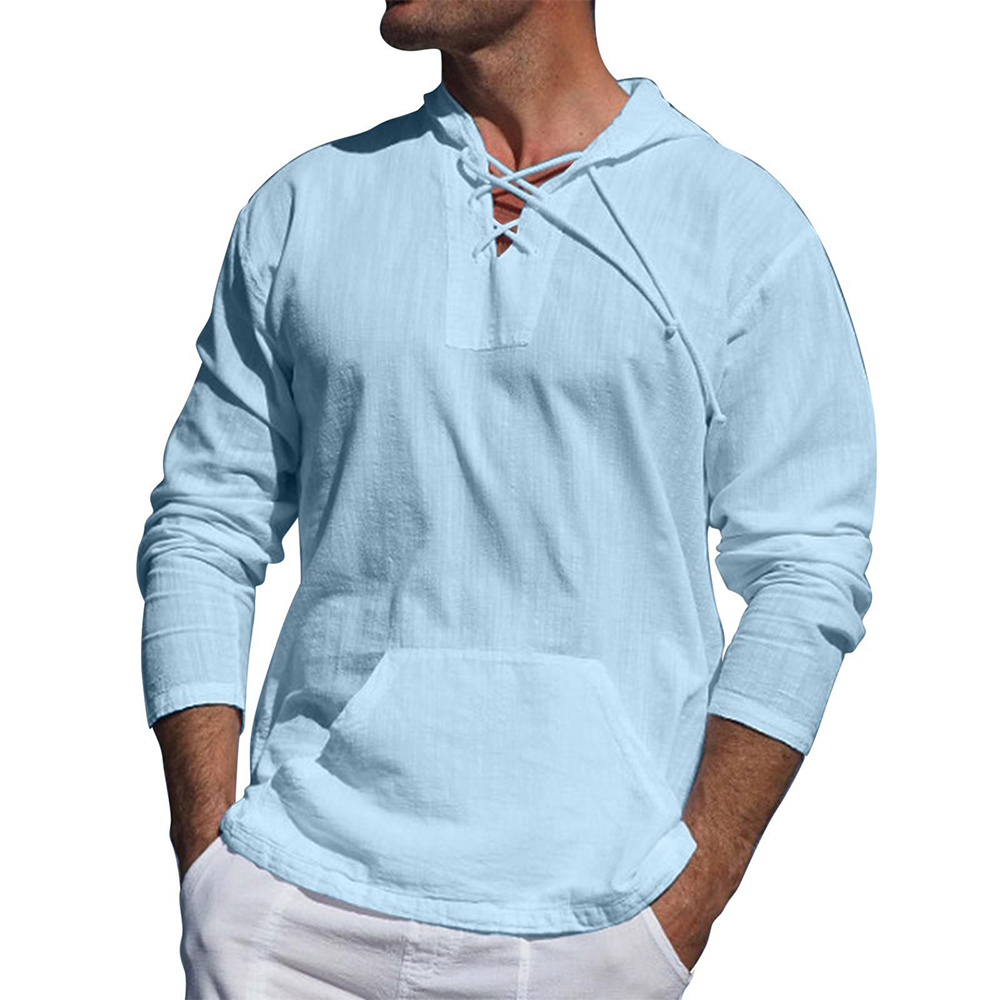Lightweight Casual Mens Pullover - Laceup V Neck, Linen Blue - Tophatter Daily Deals
