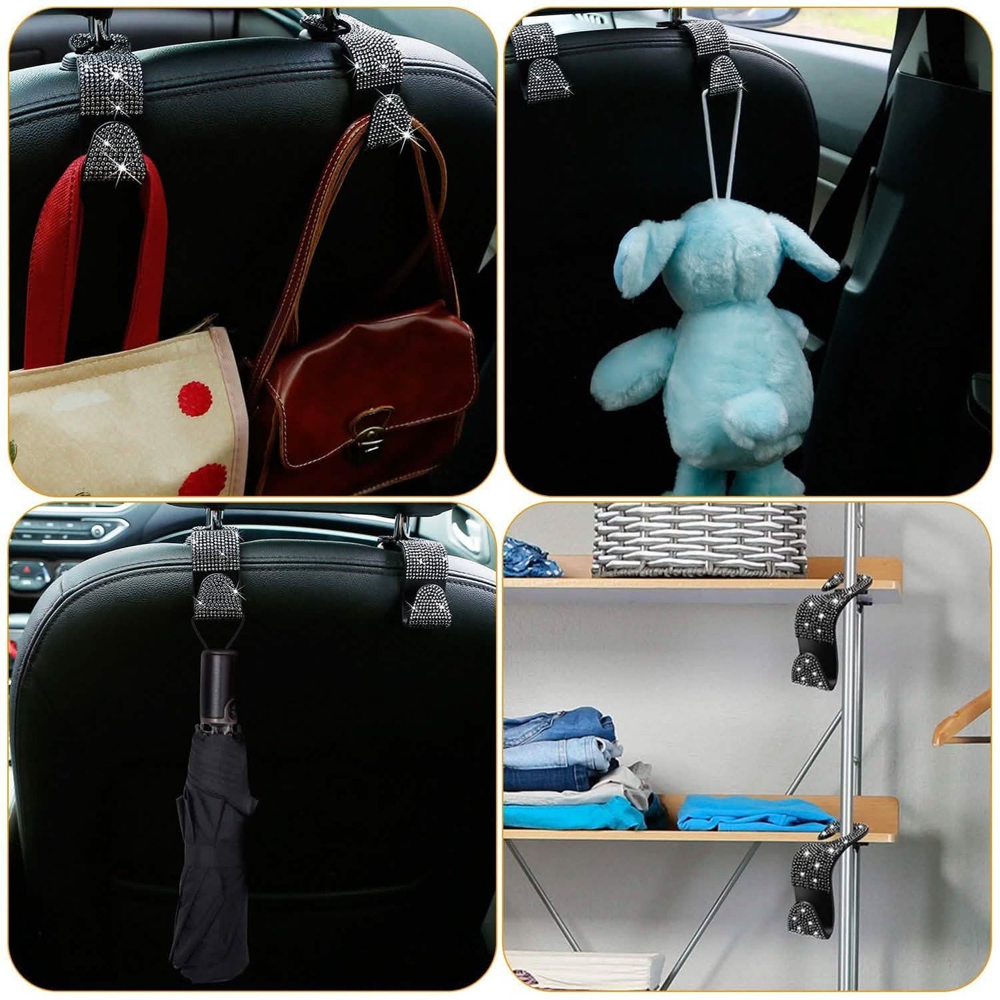 4-Pack: Car Headrest Hooks Bling Rhinestones Back Seat Organizer Hanger Holder Automotive - Tophatter Daily Deals