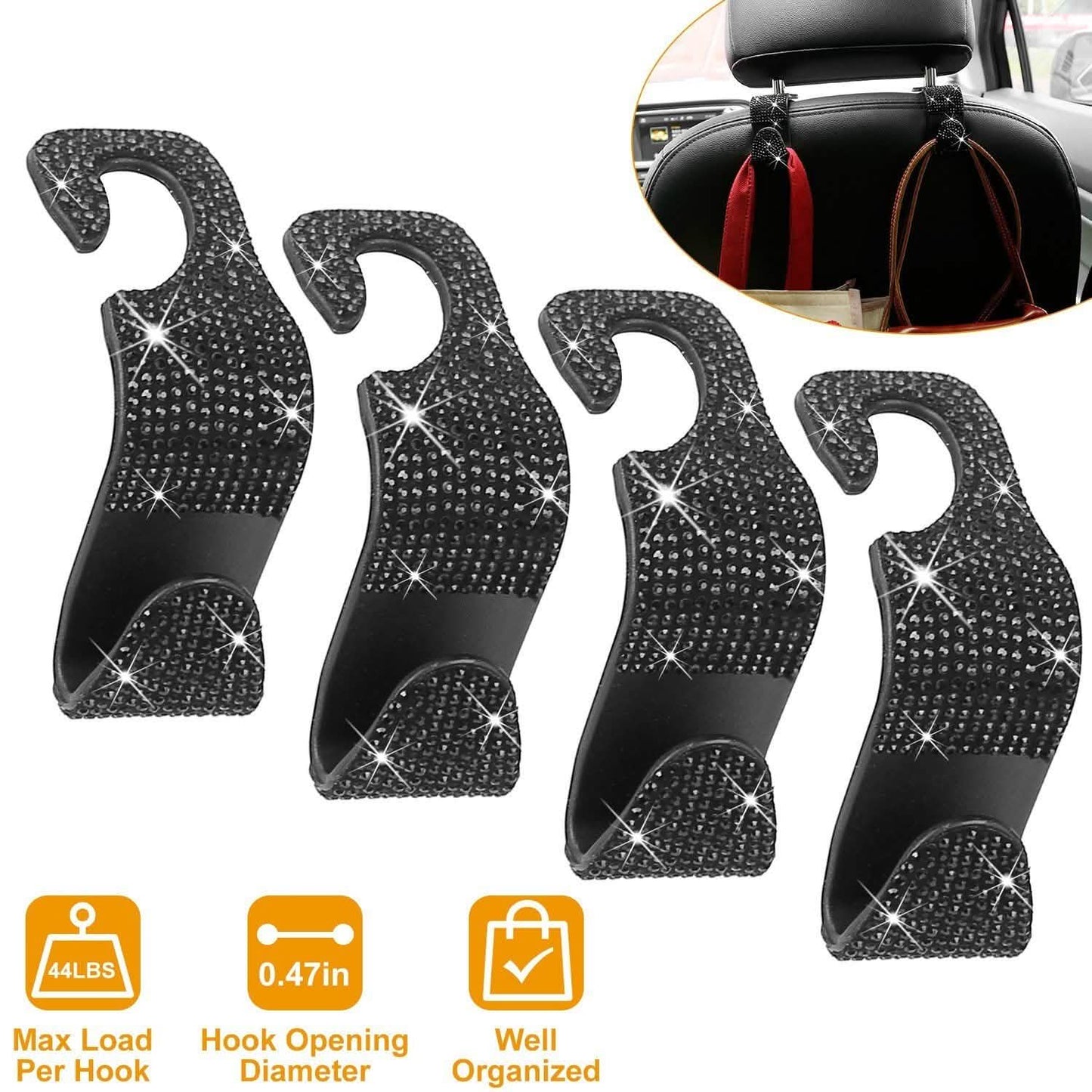 4-Pack: Car Headrest Hooks Bling Rhinestones Back Seat Organizer Hanger Holder Automotive - Tophatter Daily Deals
