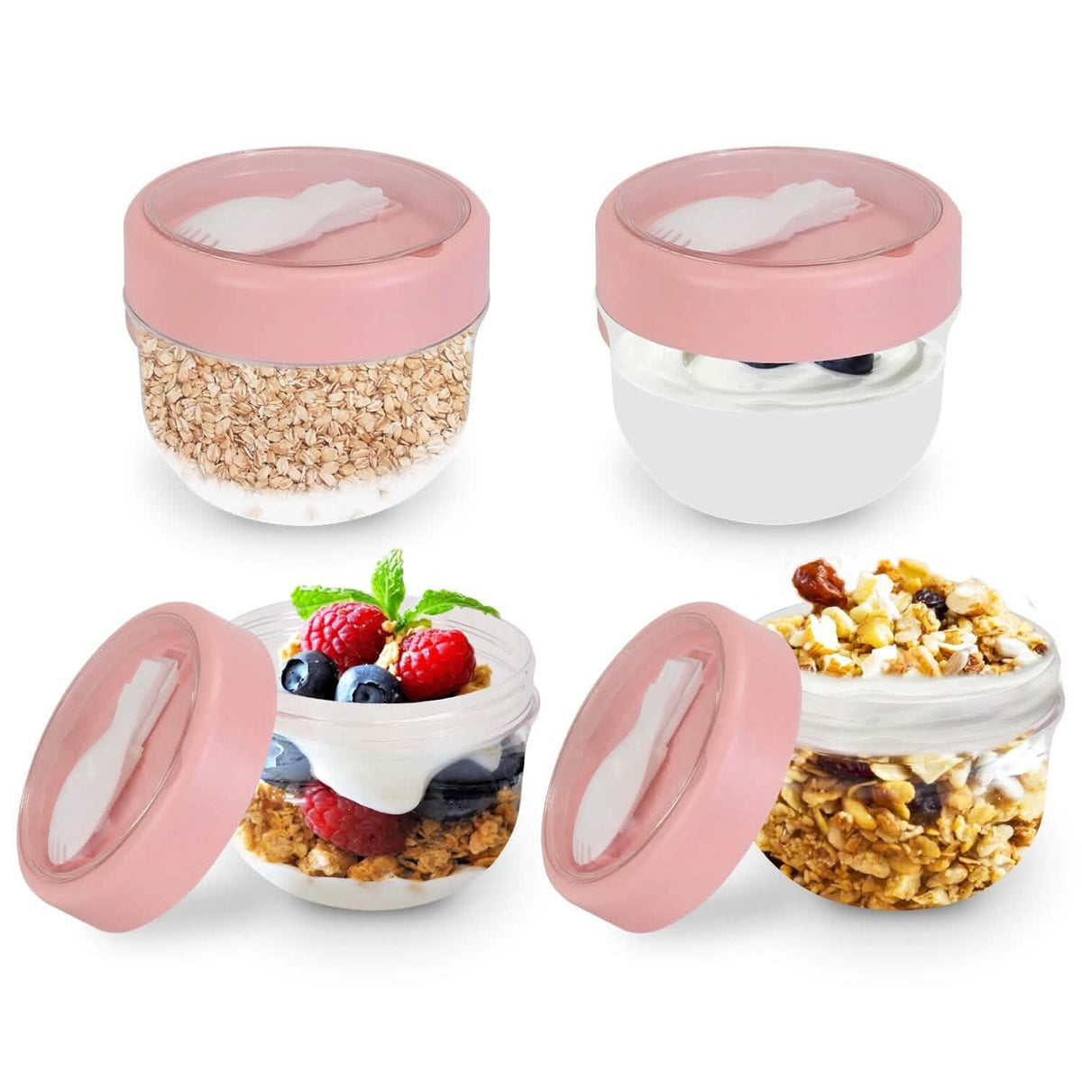 4-Piece: 20 Oz Oat Containers with Lids and Folding Spoons Pink Kitchen Storage - Tophatter Daily Deals
