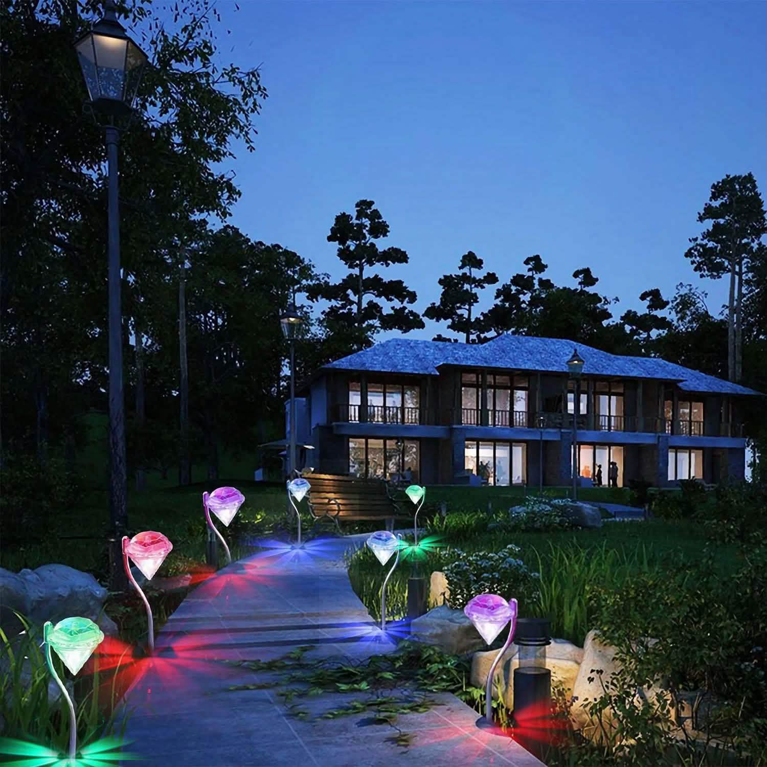 4-Piece: Solar Diamond LED Light Pathway Stake Decorative Lamp String & Fairy Lights - Tophatter Daily Deals