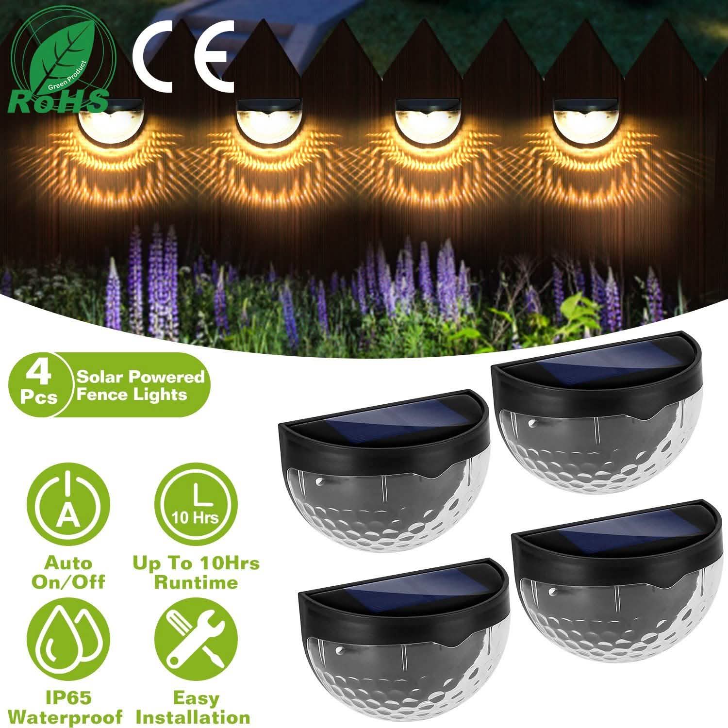 4-Piece: Solar Fence Outdoor Lights Outdoor Lighting - Tophatter Daily Deals