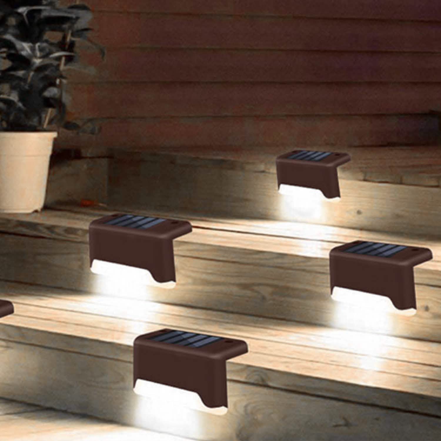 4-Piece: Solar Powered LED Step Lights Brown Cool White Outdoor Lighting - Tophatter Daily Deals